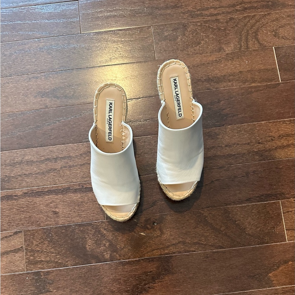 Karl Lagerfeld white leather espadrille wedges, size 6